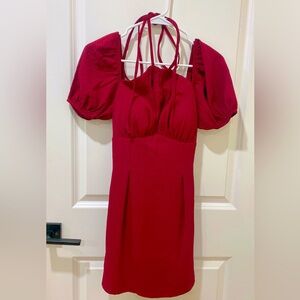 Women Puff Sleeves Burgundy Dress